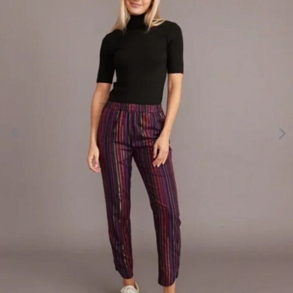 MARINE LAYER Allison Multi-Colored Magenta Gold Lurex Stripped Pants, Size M - Picture 2 of 13